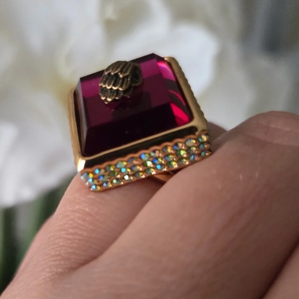 Kurt Geiger Gold and Deep Red Ring With Rhinestones Sz 8